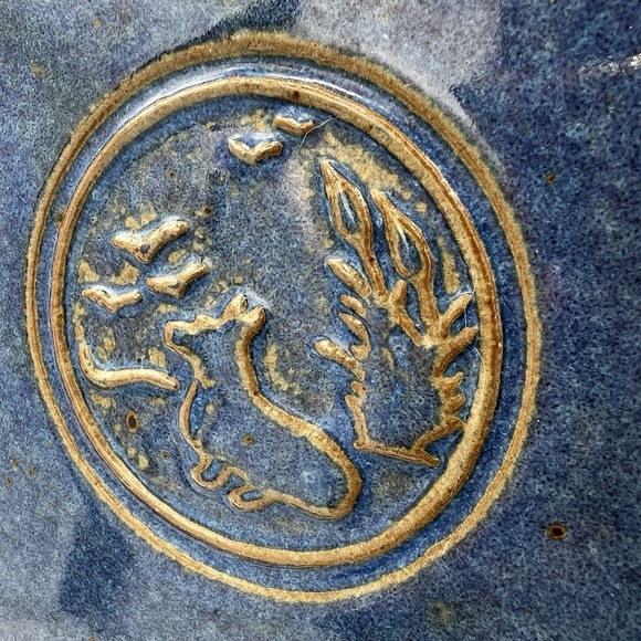 Studio Pottery Plate Signed Ceramic Fox‎ & Birds Blue Glaze 8.5" Square Dish - Picture 2 of 7